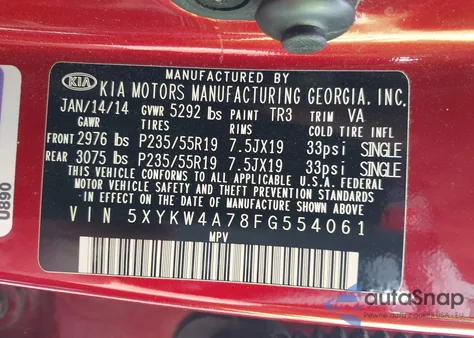 2015 Kia Sorento Sx V6 z USA, uszkodzony, nr VIN 5XYKW4A78FG554061